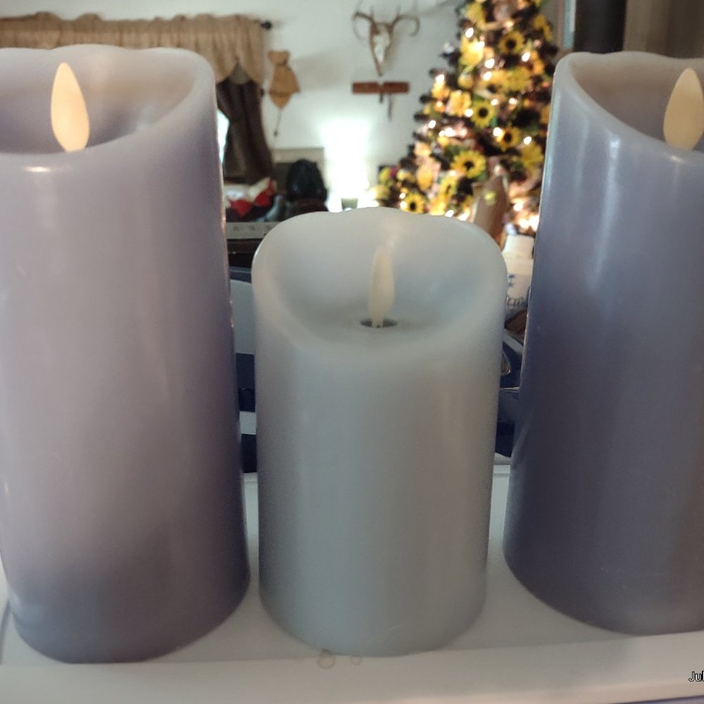 Luminara Flameless Candles With Moving Wick and Timer.  Set Of 3 Lilac & Blue